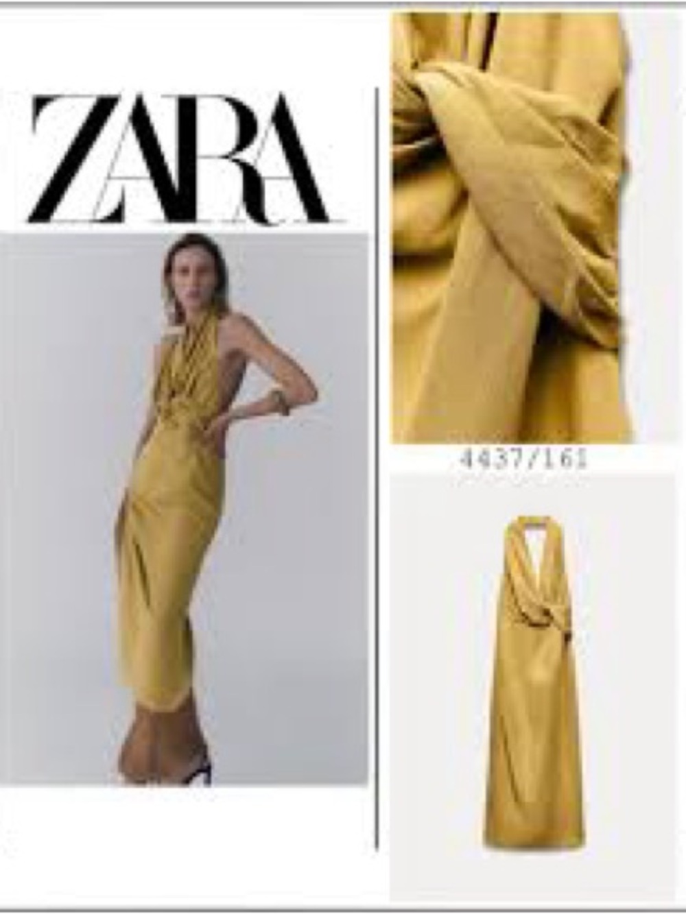 ZARA Mustard Halter Midi Dress with Draped Neckline